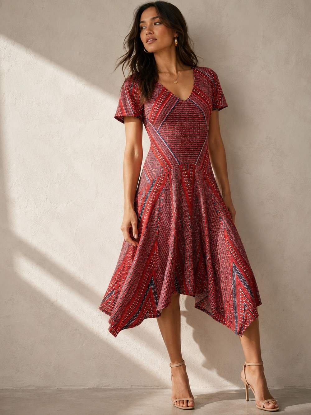 BCBGMAXAZRIA Red Blue Geometric Print Fit Flare Midi Dress Women’s Large